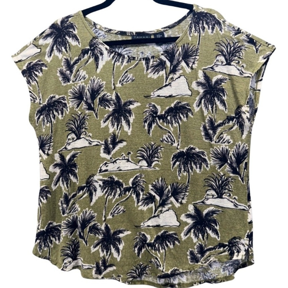 Tahari Womens Blouse Size XL Linen Vacation Travel Hawaiian Palm‎ Tropical Beach